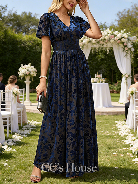A-line Wedding Guest Dress Sleek V-Neck Floor-Length Velvet Evening Dress
